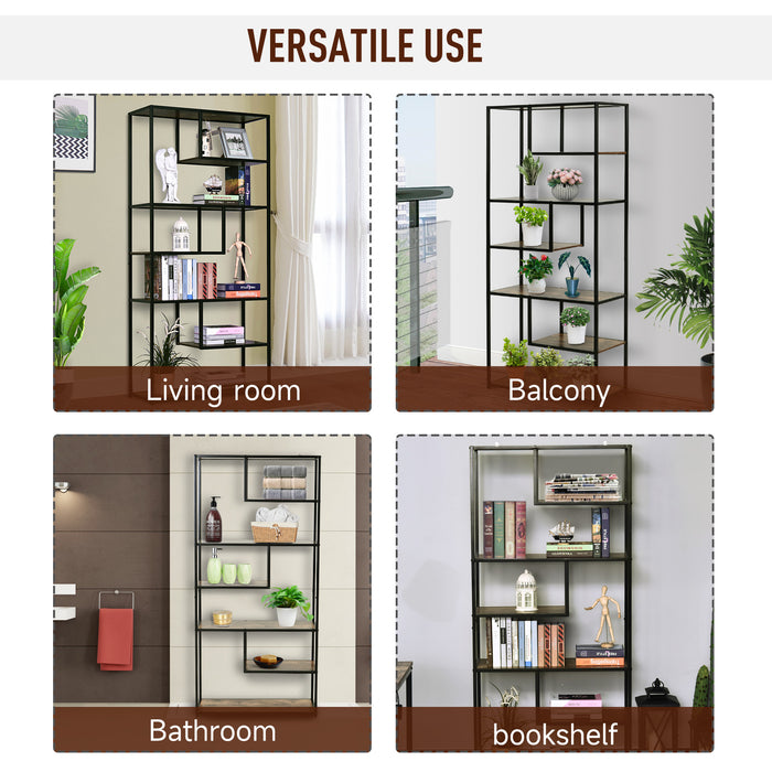 Industrial 6-Tier Staggered Wood Shelving Unit - Modern Bookcase and Display Rack for Living Room - Home Organization and Storage Solution