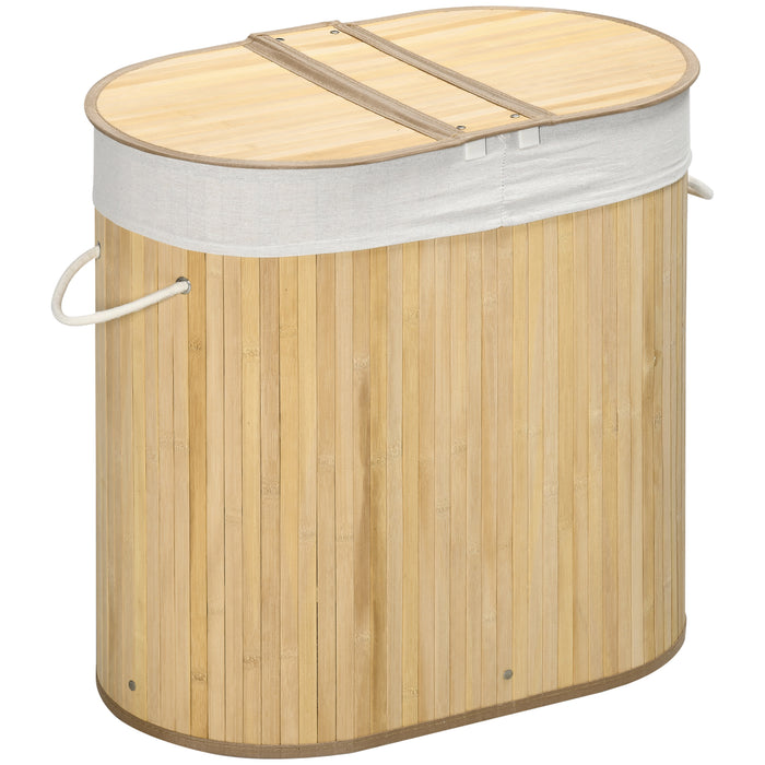 Bamboo Laundry Hamper with Dual Compartments - 100L Split Section Basket with Lid, Removable Liners - Space-Saving, Eco-Friendly Solution for Clothes Sorting