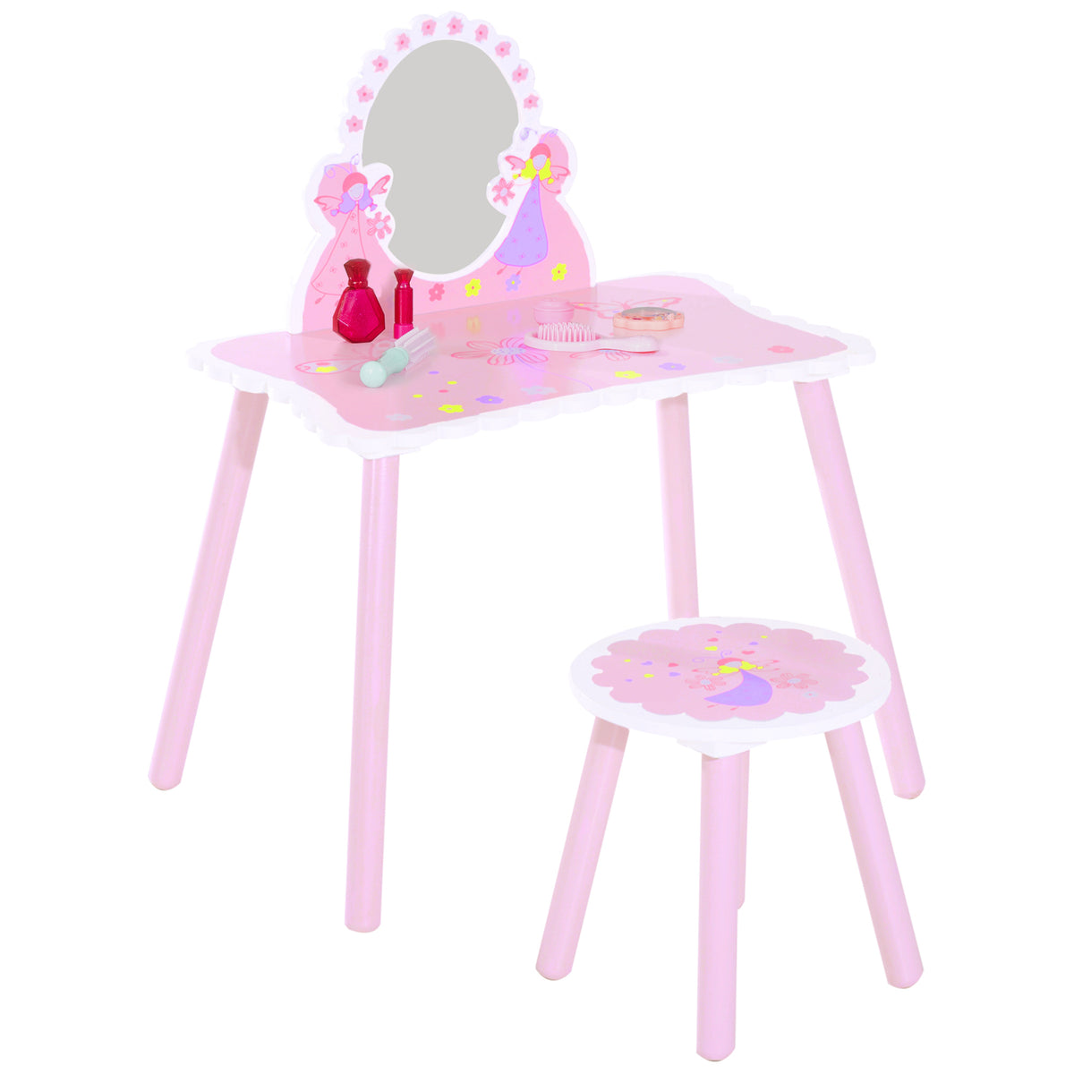 Pink Wooden Dressing Table for Kids - Girls' Fairy-Themed Play Set with Stool and Mirror - Imaginative Makeup and Dress-Up Fun for Children