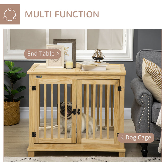 Double-Door Wooden Dog Crate with Cushion - Stylish Medium-Sized Pet Enclosure - Comfortable Home for Dogs with Natural Finish