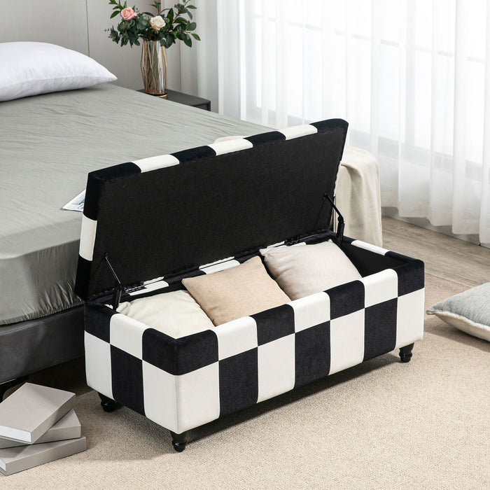 Velvet Storage Ottoman - 114cm Luxury Button-Tufted Footstool, Toy Box with Lid - Elegant Décor for Living Room and Bedroom, White & Black