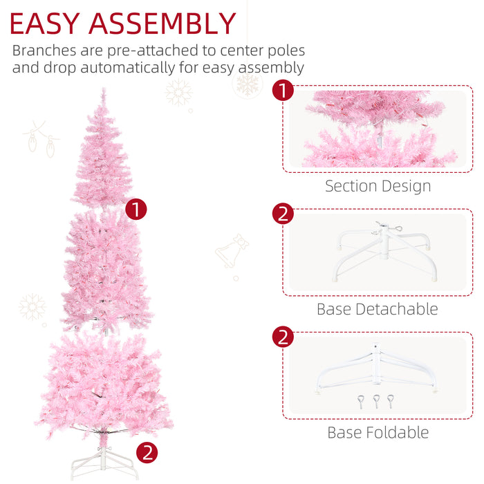 Pencil Slim 6-Ft Artificial Christmas Tree with Realistic Tips - Pre-Lit with 300 Warm White LEDs, 618 Branch Tips - Chic Pink Xmas Decor for Small Spaces