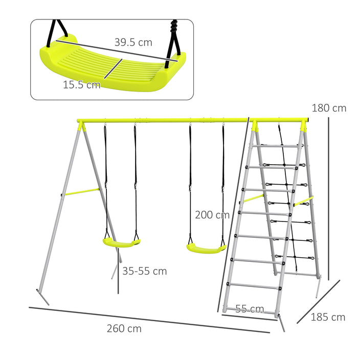 4-in-1 Metal Garden Swing Set - Double Swings, Climber, Climbing Net in Green - Outdoor Play Equipment for Children