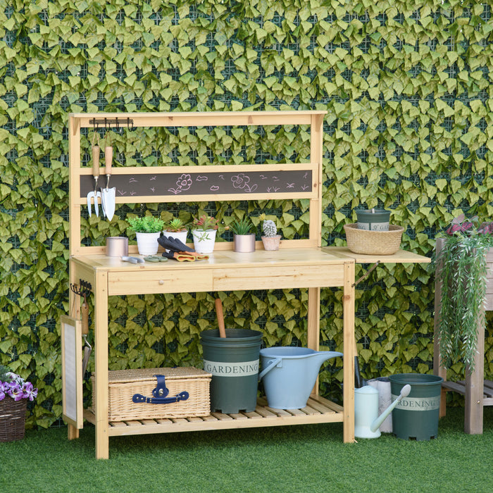 Garden Workstation with Metal Sieve - Durable Potting Bench Table with Chalkboard and Hidden Sink - Ideal for Patio Gardening and Balcony Spaces
