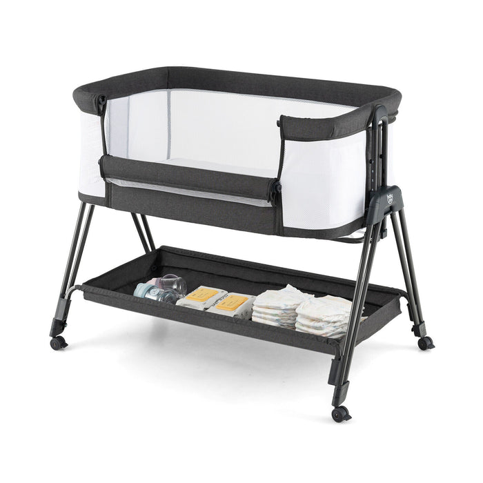 Bedside Baby Crib - Birth to 9kg Capacity, Includes Mattress, Grey Color - Ideal for Newborns and Infants