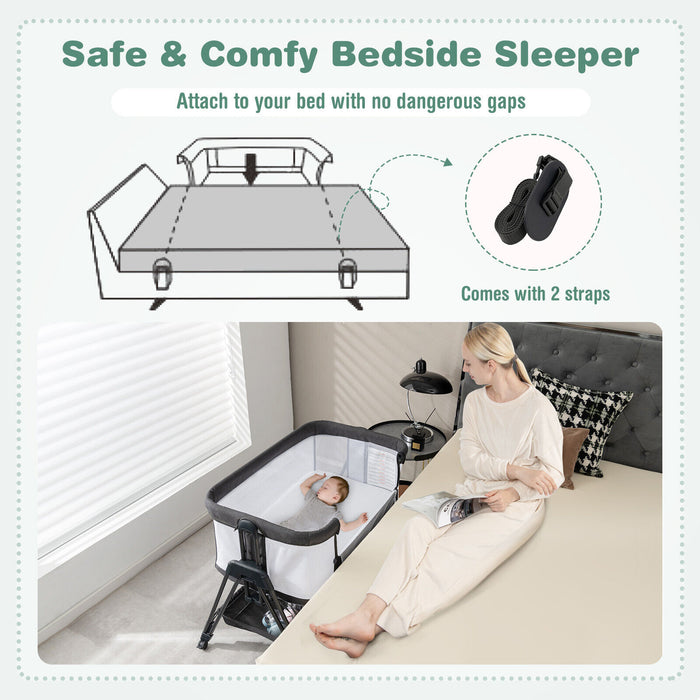 Bedside Baby Crib - Birth to 9kg Capacity, Includes Mattress, Grey Color - Ideal for Newborns and Infants