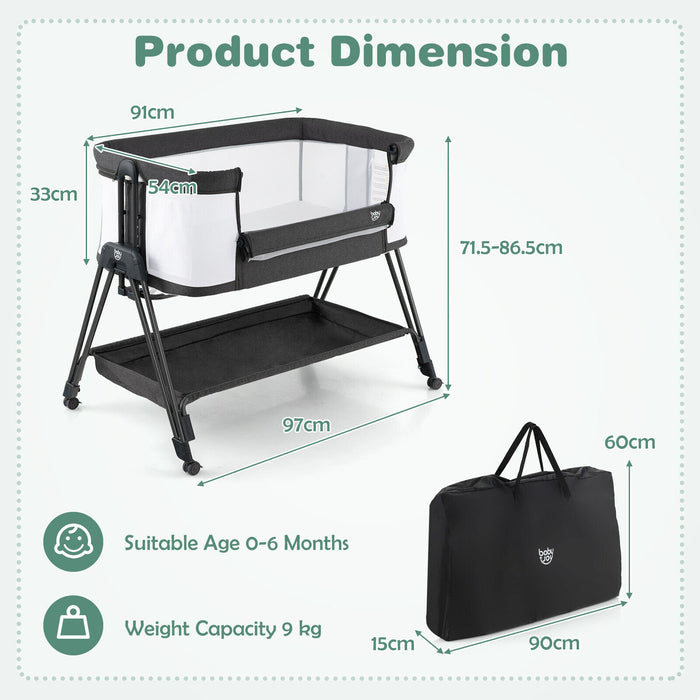 Bedside Baby Crib - Birth to 9kg Capacity, Includes Mattress, Grey Color - Ideal for Newborns and Infants