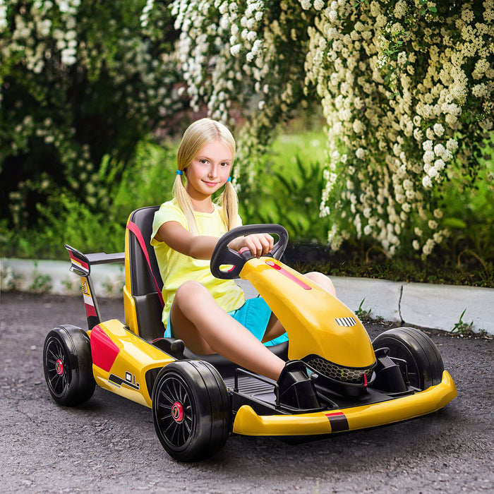 Electric Go-Kart for Kids - Adjustable Footrest, Reversible Steering, 12V Rechargeable Battery, Dual-Speed Racing Kart in Yellow - Perfect Ride-On for Young Racers