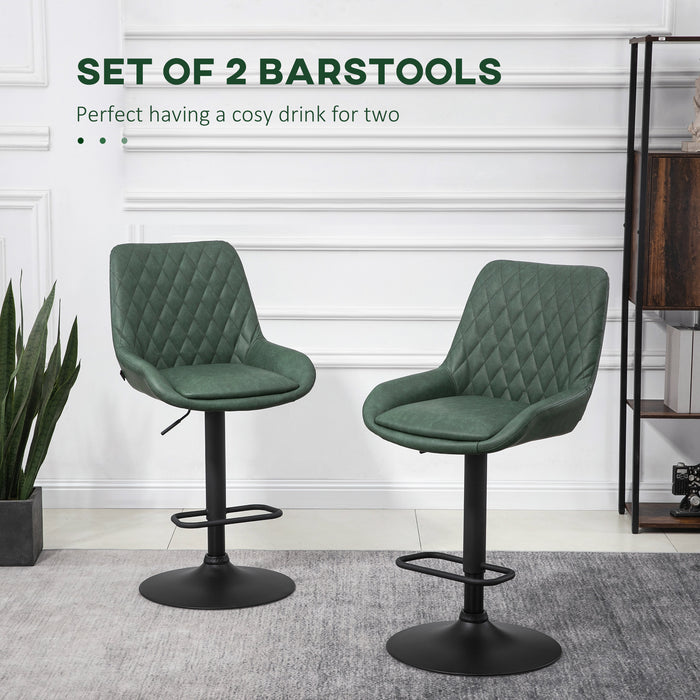 Retro Bar Stools (Pair) - Adjustable Swivel Kitchen Chairs with Backs, Upholstered in Green - Ideal for Home Bars and Kitchen Islands