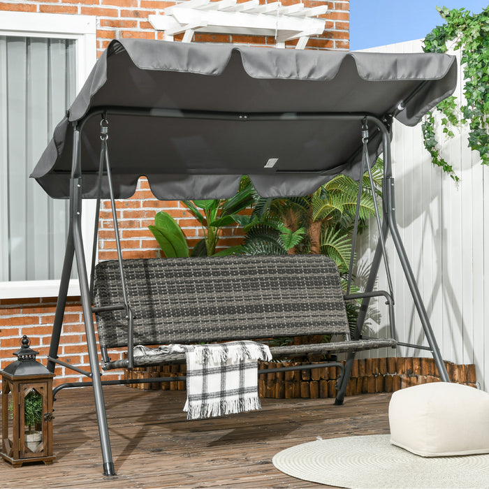 3-Person PE Rattan Swing Chair - Patio Wicker Hanging Bench with Sturdy Steel Frame and Adjustable Grey Canopy - Outdoor Comfort for Family and Friends