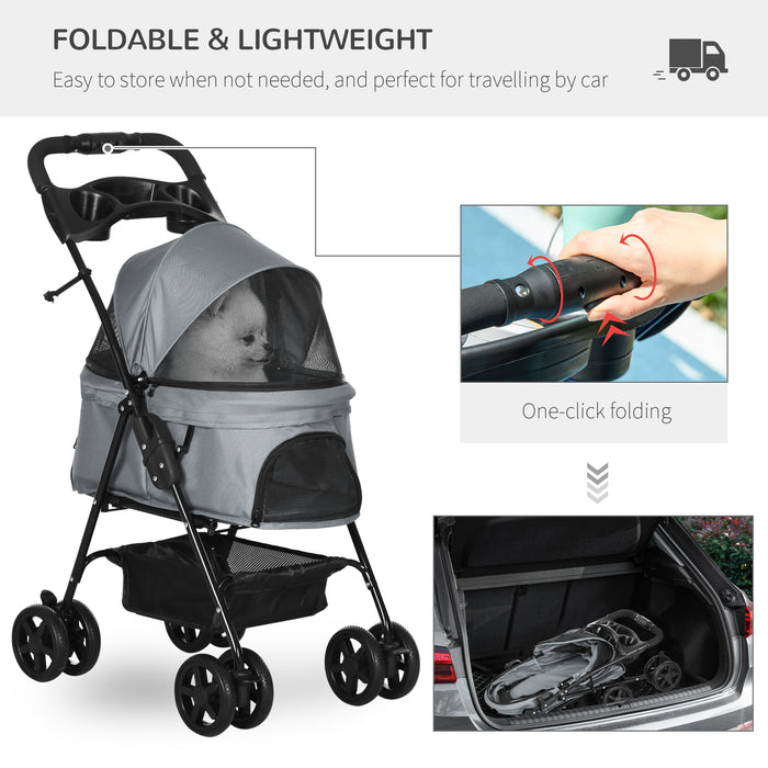 No-Zip Pet Stroller for Dogs and Cats - Travel Pushchair with One-Click Folding, EVA Wheels, Brake, and Basket - Adjustable Canopy and Safety Leash for Secure Outdoor Excursions in Grey