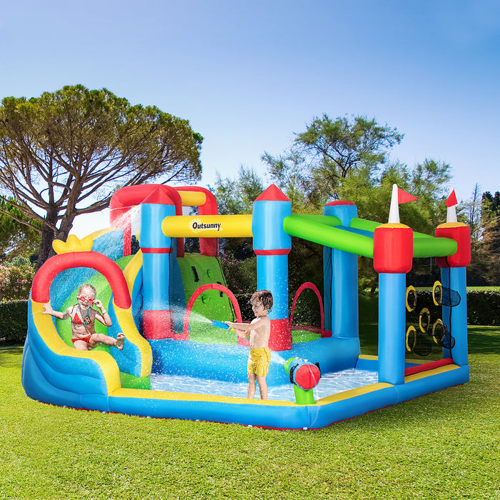 5-in-1 Kids Bounce Castle with Slide - Inflatable Playhouse with Trampoline, Pool, Water Gun & Climbing Wall - Outdoor Fun for Children Ages 3-8