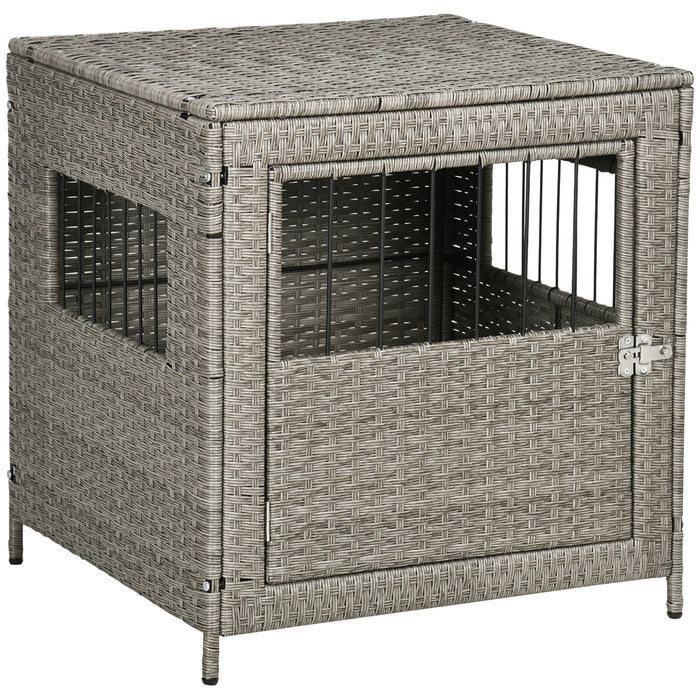 Wicker Dog Cage with Lockable Door - Comfy Small Dog Crate with Soft Washable Cushion, 62x59x66cm - Ideal for Secure & Comfortable Pet Housing, Grey