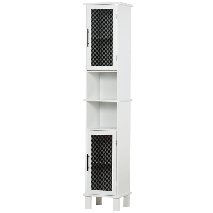 6-Tier Retro Bathroom Cabinet with Patterned Glass Doors - Anti-Tilt Design, Melamine Finish, Freestanding Storage - Chic Monochrome Tall Tower for Bathroom Organization