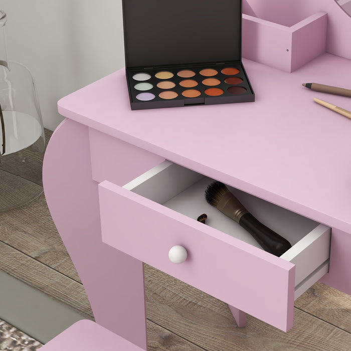 Kids Vanity Table & Stool Set - Cat-Themed Design with Mirror, Drawer, & Storage Boxes - Perfect for Children Aged 3-6 Years, Pink