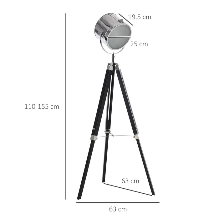 Industrial Tripod Floor Lamp - Adjustable Height 110-155cm, Steel Shade & Wooden Legs - Vintage Searchlight Style for Home and Office Decor