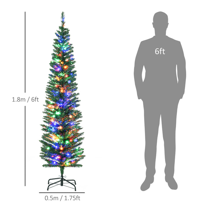 Artificial Prelit 6ft Christmas Tree - Colorful LED Lights & Slim Pencil Design with Durable Steel Base - Festive Holiday Decoration for Home & Office Spaces