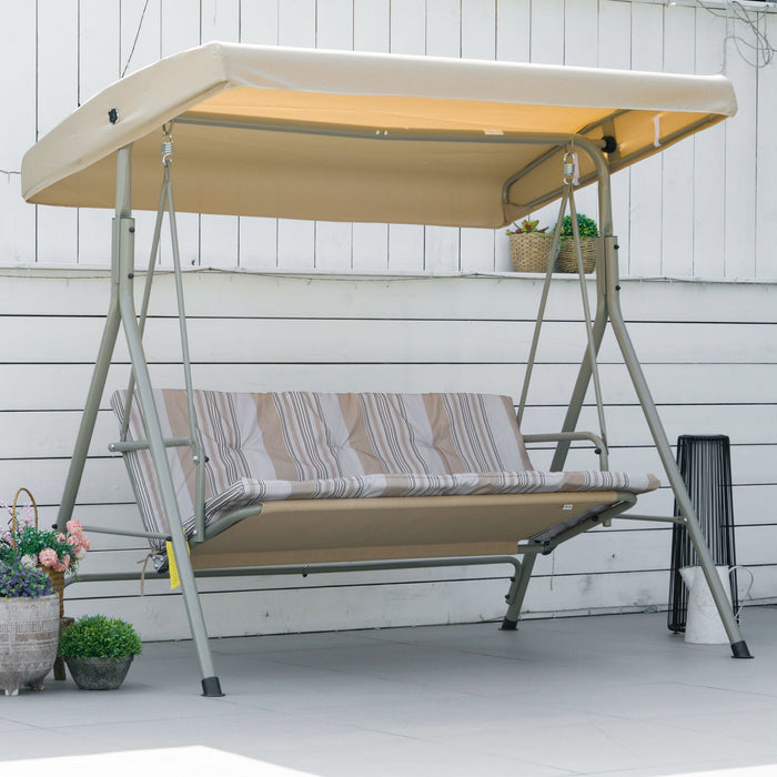 3 Seater Garden Swing Chair - Patio Rocking Bench with Adjustable Tilting Canopy & Removable Cushions - Outdoor Seating for Relaxation and Comfort in Light Brown Steel Frame