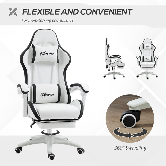 Racing Gaming Chair with 360° Swivel - Reclining PU Leather Computer Chair, Footrest & Removable Headrest in White and Black - Designed for Gamers and Home Office Comfort
