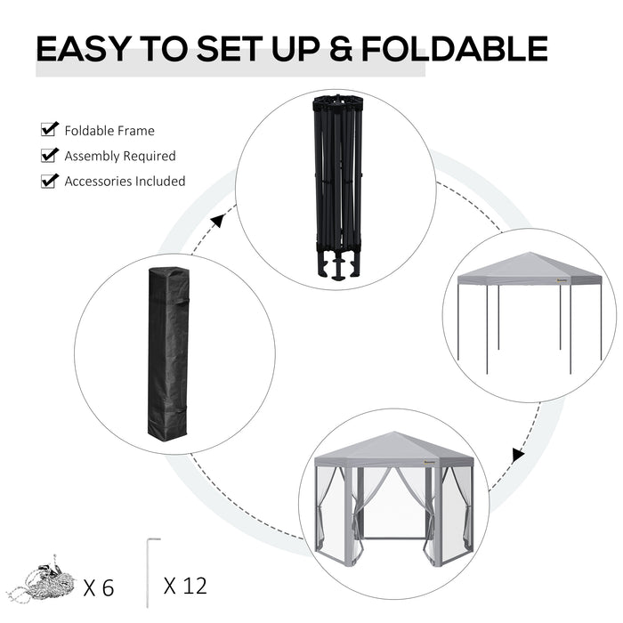 Hexagonal Pop-Up Gazebo 3x3m - Foldable Canopy Tent with Mesh Sidewalls, Adjustable Height, Roller Bag for Easy Transport - Ideal Outdoor Event Shelter for Gardens, Markets, Parties, Grey