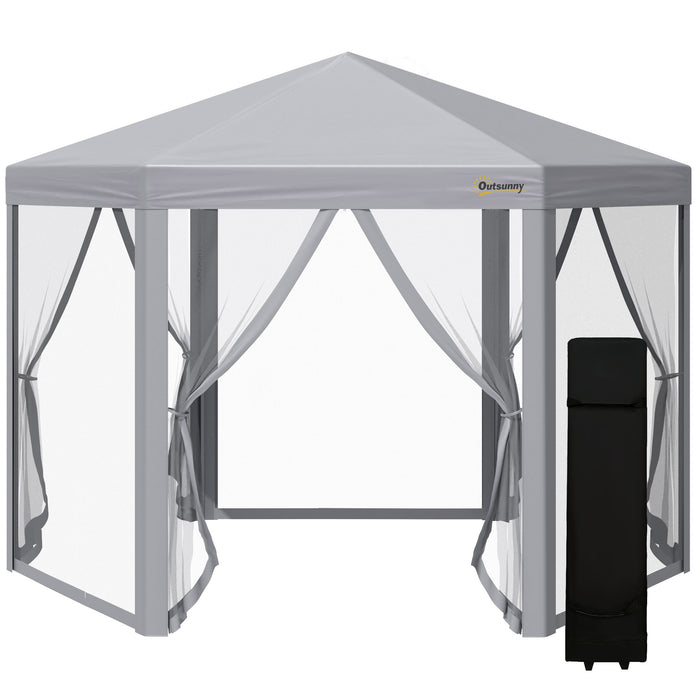 Hexagonal Pop-Up Gazebo 3x3m - Foldable Canopy Tent with Mesh Sidewalls, Adjustable Height, Roller Bag for Easy Transport - Ideal Outdoor Event Shelter for Gardens, Markets, Parties, Grey