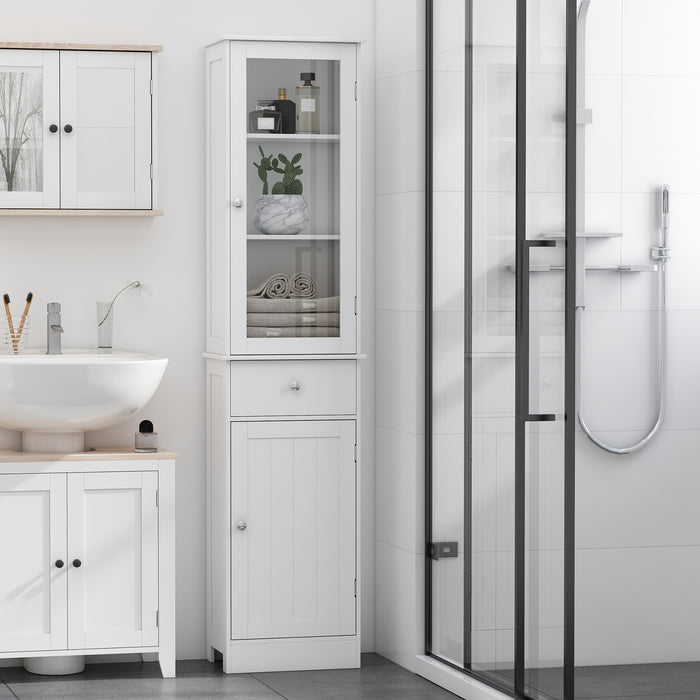 Slim White Bathroom Floor Cabinet - 3-Tier Shelf with Drawer and Door, Free Standing Storage Organizer - Ideal Space Saver for Toiletries and Linens