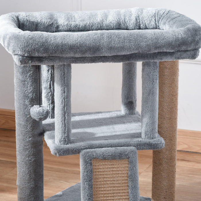 Cat Climbing Tower with Jute Scratching Pad - Indoor Activity Center with Perch, Bed, Condo, and Ball Toy - Ideal for Kittens and Cats for Play and Rest, 40x40x57cm, Grey