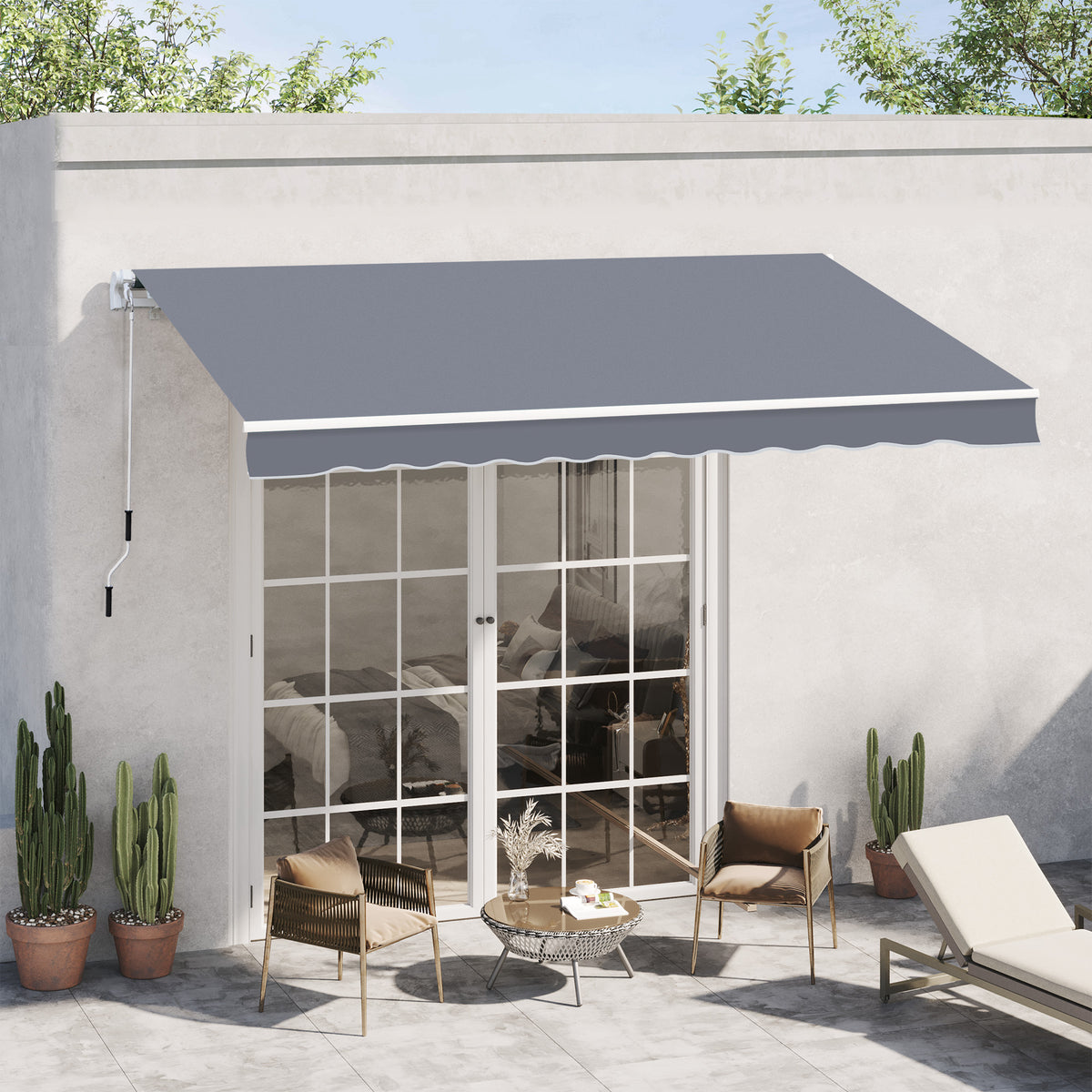 Retractable 4m x 3m Garden Patio Awning - Manual Sun Shade Shelter in Grey - Ideal Outdoor Canopy for Deck Protection and Comfort