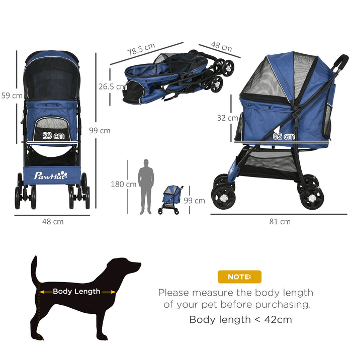 Foldable Pet Stroller with Spacious Carriage - Dog and Cat Travel System with Universal Wheels and Brake Canopy - Perfect for Pets, Includes Basket Storage Bag in Dark Blue