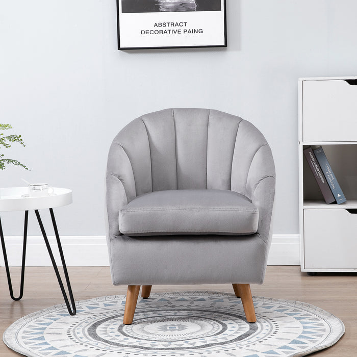 Velvet Fabric Accent Chair - Single Sofa Armchair with Solid Wood Legs for Home Living Room - Upholstered Grey Side Chair for Elegant Seating Comfort