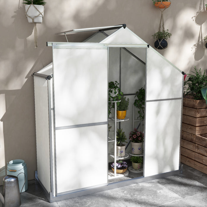 Polycarbonate Walk-In Greenhouse - 6x2.5ft Silver Structure with Rain Gutter and Sliding Door - Ideal for Garden Plant Growth & Weather Protection