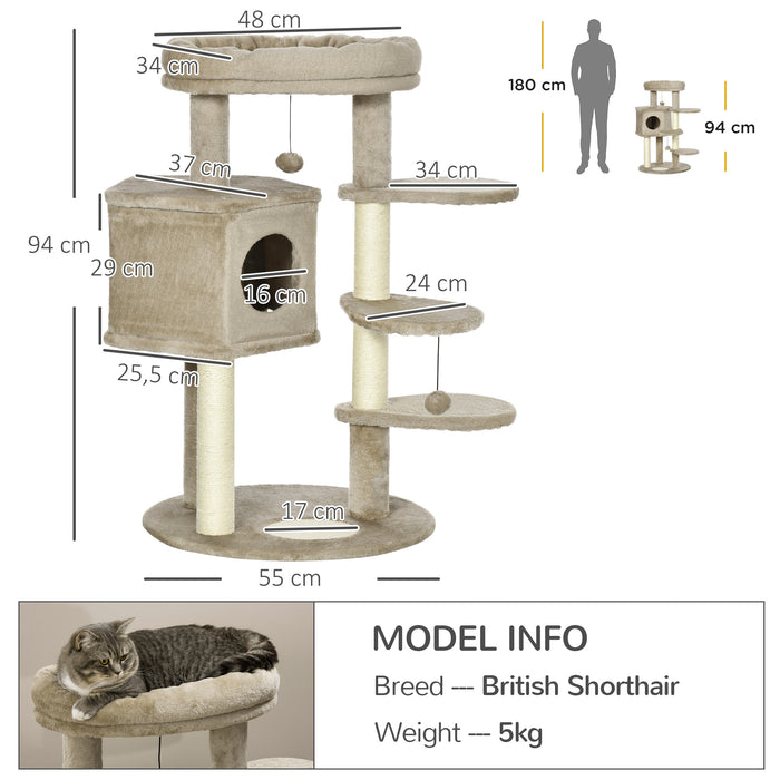 Cat Tower Playground with Sisal Scratch Posts - Multi-Level Kitty Condo with Ramp, Bed & Hanging Toy - Ideal Entertainment Center for Indoor Cats