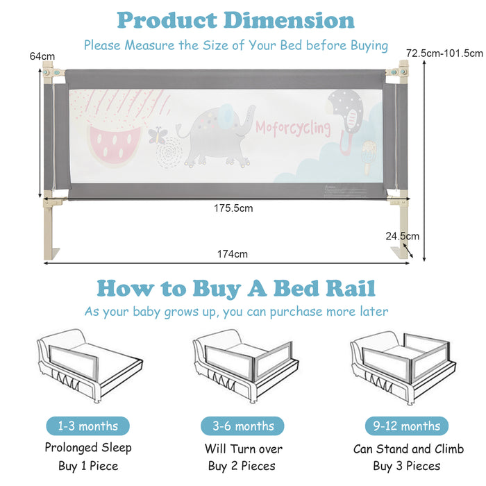 175CM Baby Bed Rail Guard - Double Safety Lock and Adjustable Height in Dark Grey - Ideal Protection for Your Child's Sleep Time