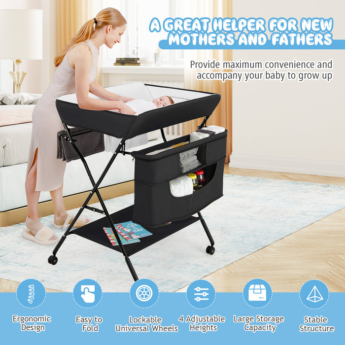 Adjustable Folding Changing Table - 4-Level Height, Wheels, Black Design - Ideal for Parents seeking Portable Changing Solution