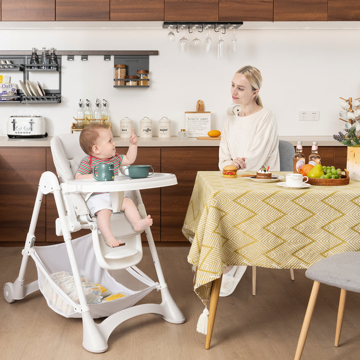 High Chair for Babies - Detachable PU Cushion and Lockable Wheels in Beige - Ideal Seating Solution for Meal Times at Home or Daycare
