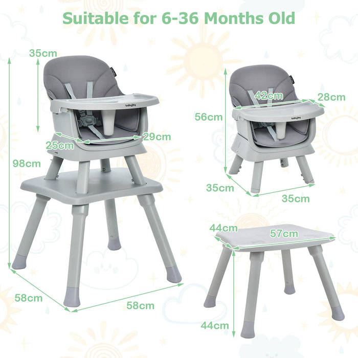 6-in-1 Baby High Chair, Model: Gray - Featuring 5-Point Harness and Detachable Tray - Ideal for Ensuring Safety and Convenience During Mealtime