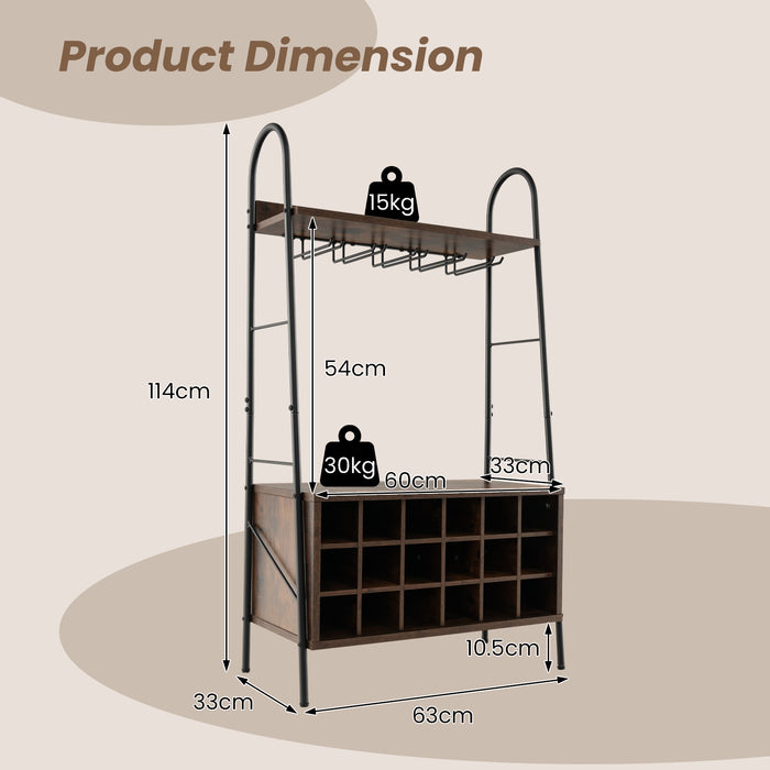 Baker’s Rack Model BRW5 - Detachable Wine Rack and Stemware Holder with 5 Rows - Ideal Storage Solution for Wine Enthusiasts in Rustic Brown Finish