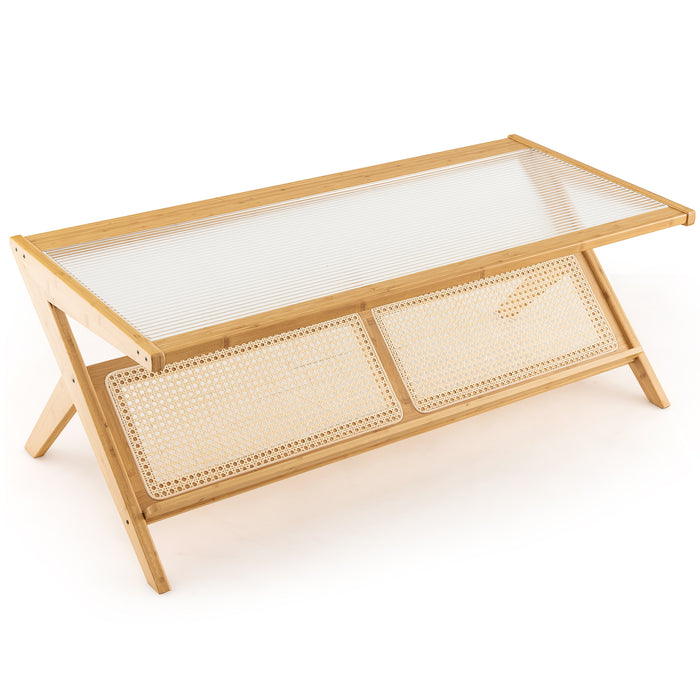 Bamboo Crafted Furniture - Glass Tabletop Coffee Table in Natural Finish - Ideal for Modern Home Living Spaces