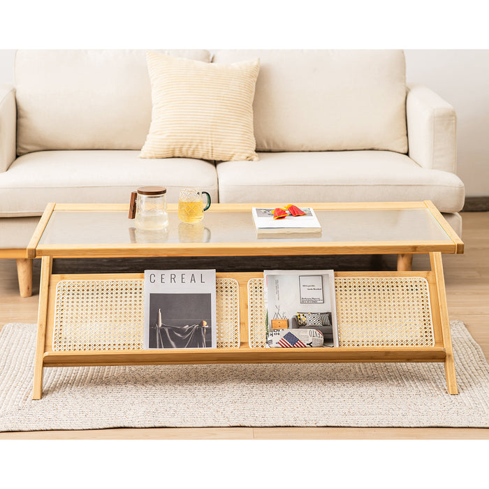 Bamboo Crafted Furniture - Glass Tabletop Coffee Table in Natural Finish - Ideal for Modern Home Living Spaces
