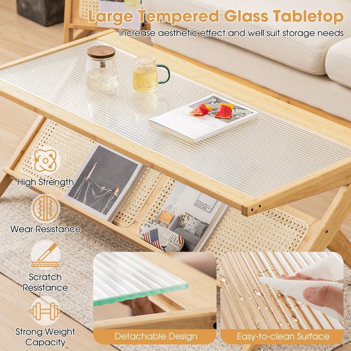 Bamboo Crafted Furniture - Glass Tabletop Coffee Table in Natural Finish - Ideal for Modern Home Living Spaces