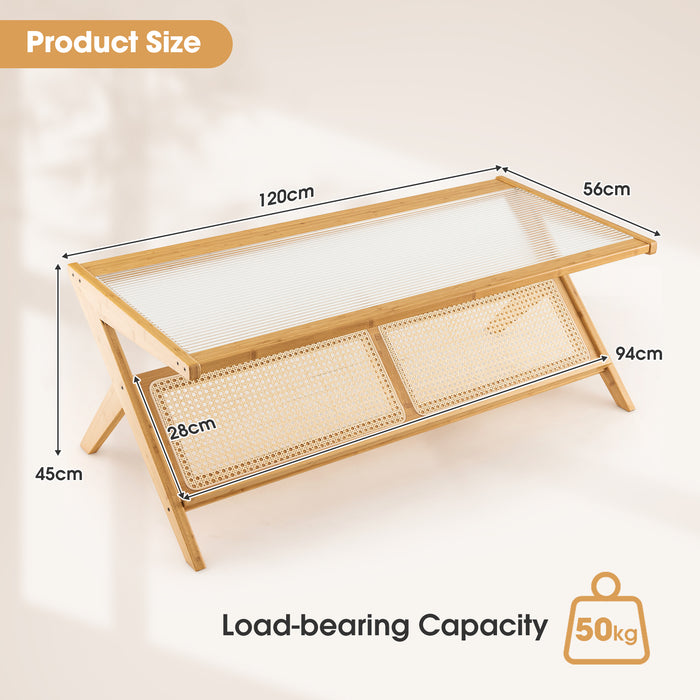 Bamboo Crafted Furniture - Glass Tabletop Coffee Table in Natural Finish - Ideal for Modern Home Living Spaces