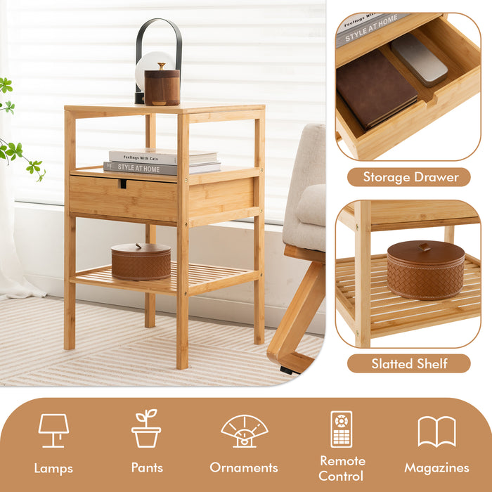 Bamboo Craft - Multipurpose Nightstand with Storage Drawer and Slatted Shelf - Ideal for Natural Lovers Seeking Extra Storage Space