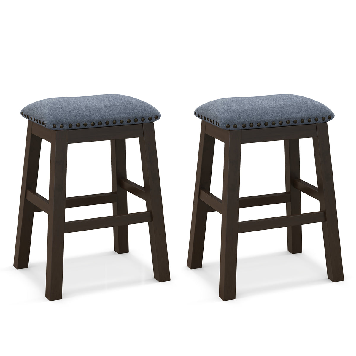 Set of 2 Bar Stools - Comfortable Padded Seat and Durable Rubber Wood Legs in Brown - Perfect for Home Bar or Kitchen Counter Seating Solution