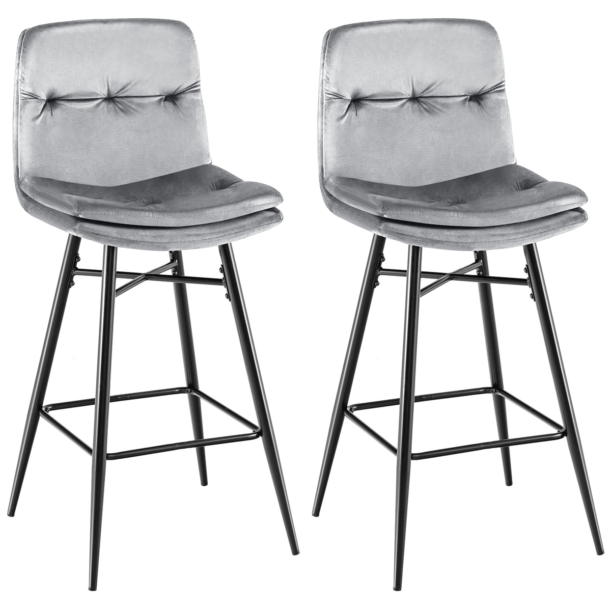 Set of 2 Blue Bar Stools - Featuring Tufted Backs and Metal Legs with Footrests - Perfect Seating for Home Bars or Kitchen Counters