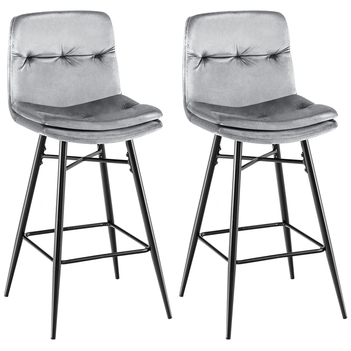 Set of 2 Blue Bar Stools - Featuring Tufted Backs and Metal Legs with Footrests - Perfect Seating for Home Bars or Kitchen Counters