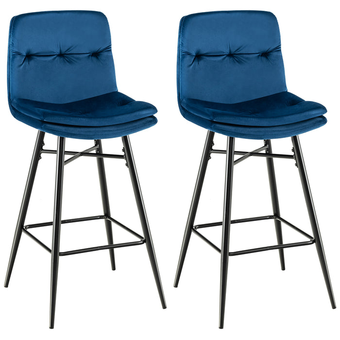 Set of 2 Blue Bar Stools - Featuring Tufted Backs and Metal Legs with Footrests - Perfect Seating for Home Bars or Kitchen Counters