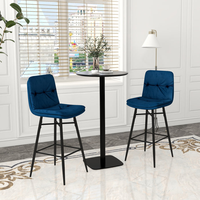 Set of 2 Blue Bar Stools - Featuring Tufted Backs and Metal Legs with Footrests - Perfect Seating for Home Bars or Kitchen Counters