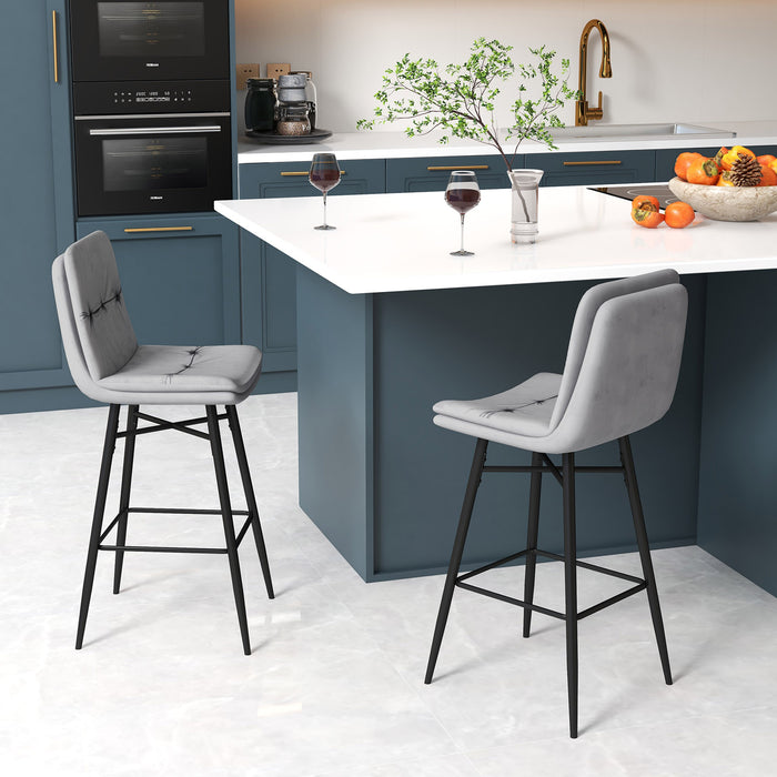 Set of 2 Blue Bar Stools - Featuring Tufted Backs and Metal Legs with Footrests - Perfect Seating for Home Bars or Kitchen Counters