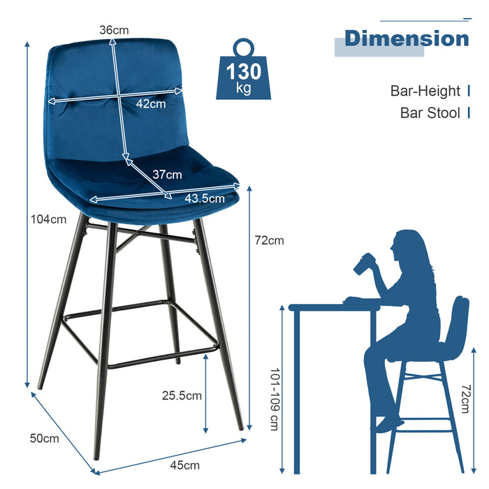 Set of 2 Blue Bar Stools - Featuring Tufted Backs and Metal Legs with Footrests - Perfect Seating for Home Bars or Kitchen Counters