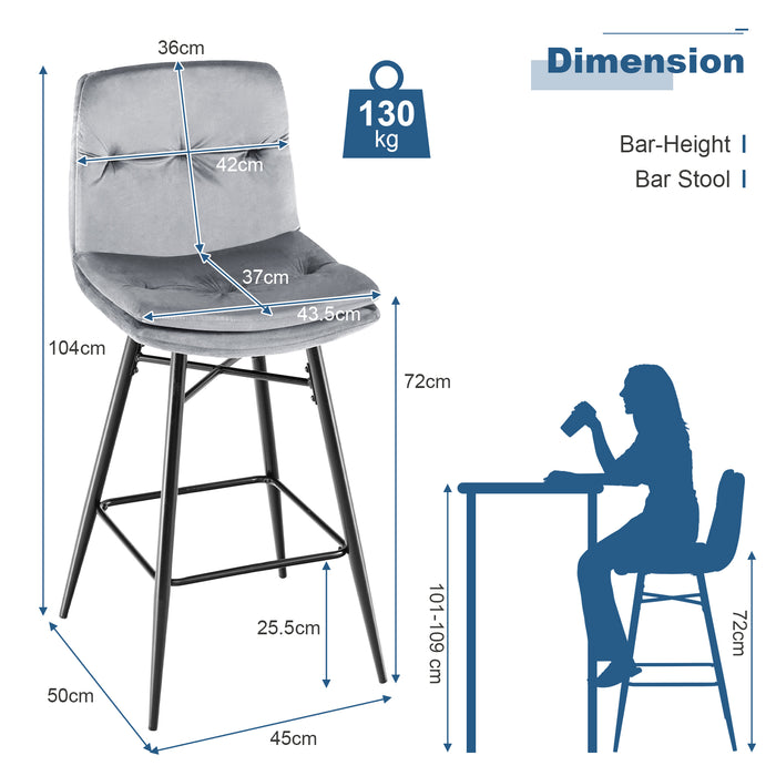 Set of 2 Blue Bar Stools - Featuring Tufted Backs and Metal Legs with Footrests - Perfect Seating for Home Bars or Kitchen Counters